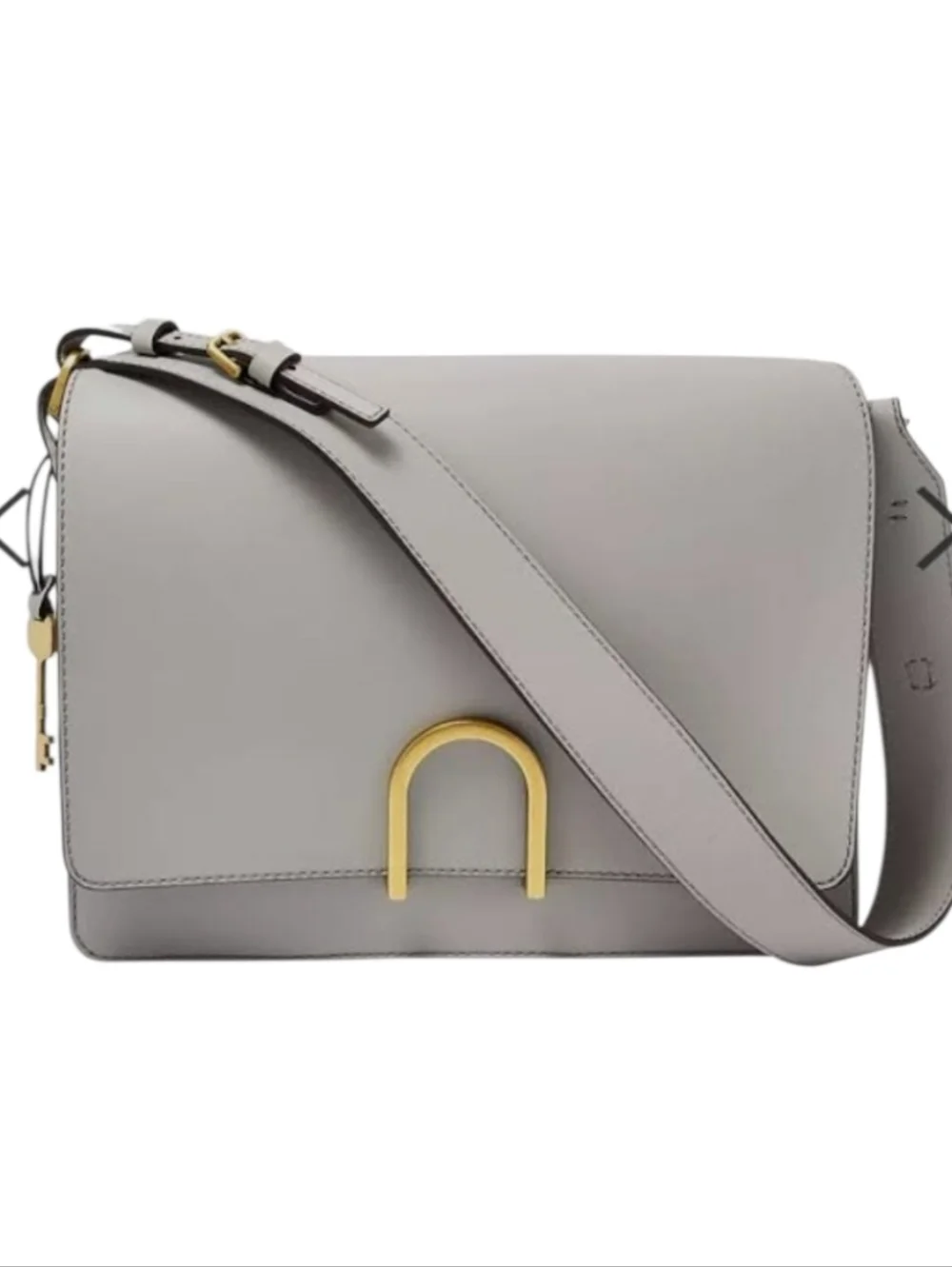 Fossil Leather Shoulder Bag Light Gray/Gold Hardware U-Shape Clasp Charm, NWOT - Picture 1 of 15